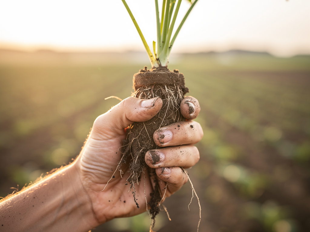 Close-up of a hand holding freshly harvested roots with soil still on them in an open field at golden hour.