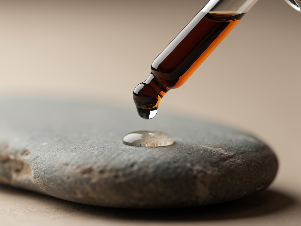 A dark amber dropper releasing a single drop of tincture over a stone surface, macro detail.