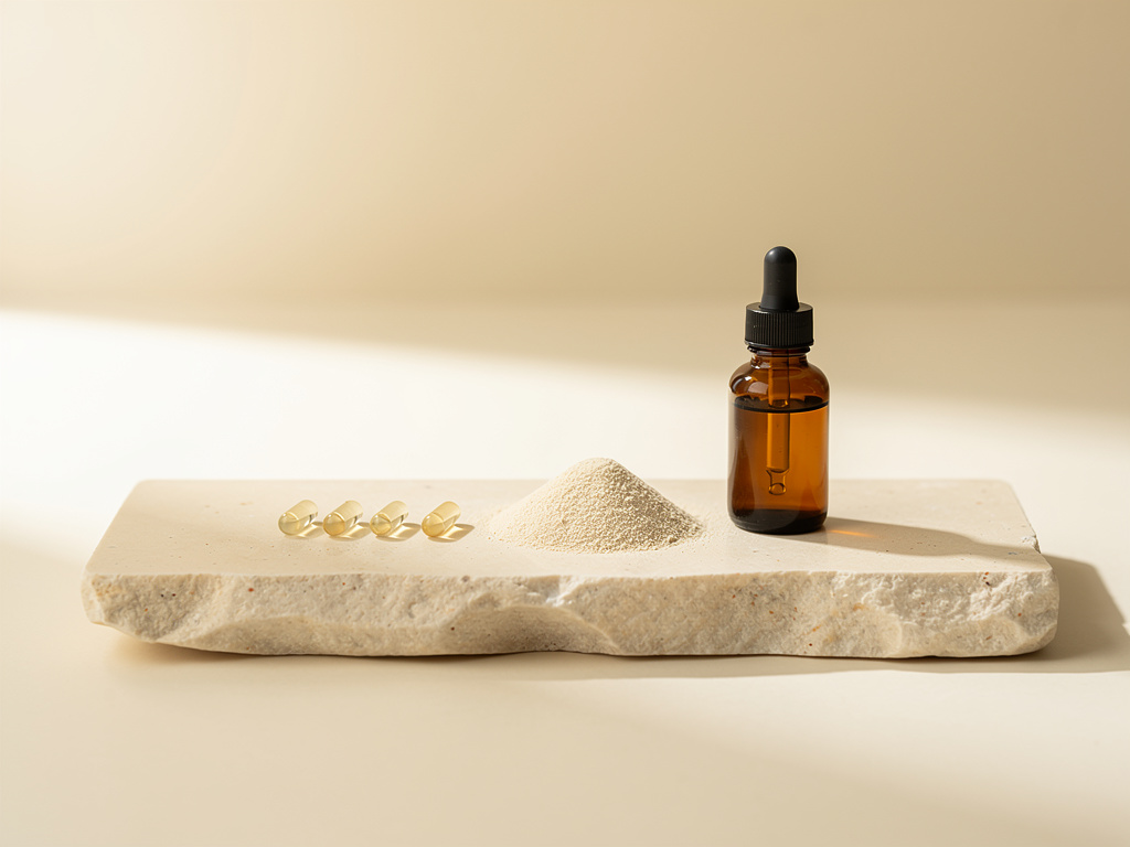 Capsules, a small mound of fine powder and an amber tincture bottle placed side by side on cream-colored stone.