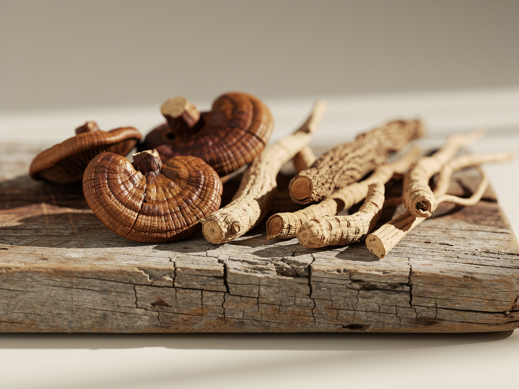 Whole reishi-style mushrooms and dried adaptogenic roots resting on a weathered wooden board.