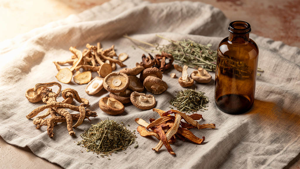 Dried functional mushrooms, roots and herbs arranged on a raw linen cloth beside an amber glass bottle, lit by soft natu