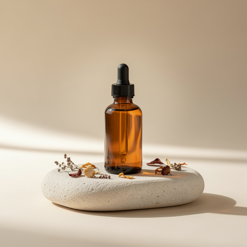A single unbranded amber glass bottle with a dropper cap on a smooth cream-sand stone surface, with a few dried botanica