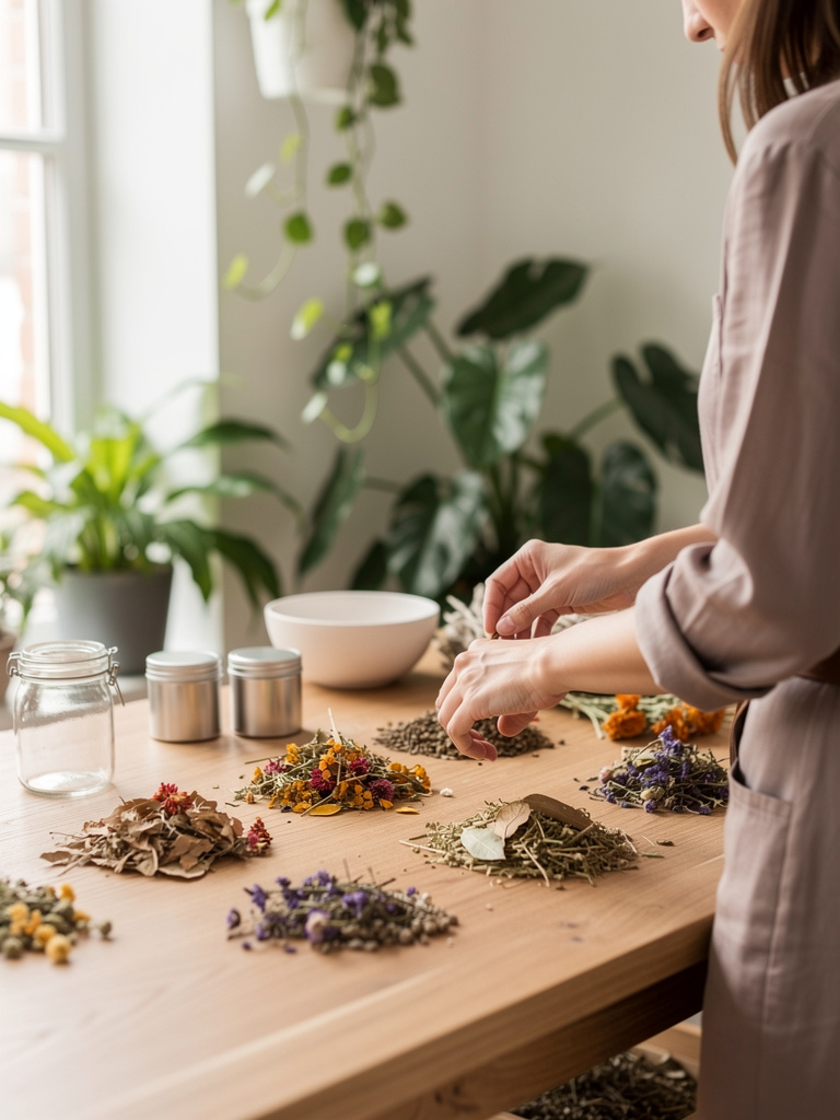 A person seen from behind sorting dried botanicals on a wooden workbench in a bright, plant-filled workspace, face out o
